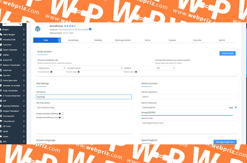Cpanel  Softaculous  WordPress Kurulumu