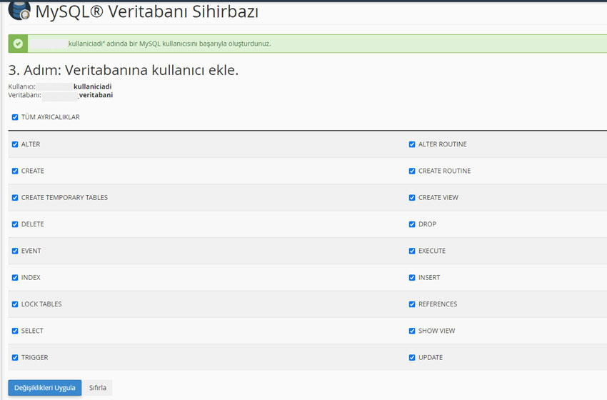 cpanel veritabani kurulumu
