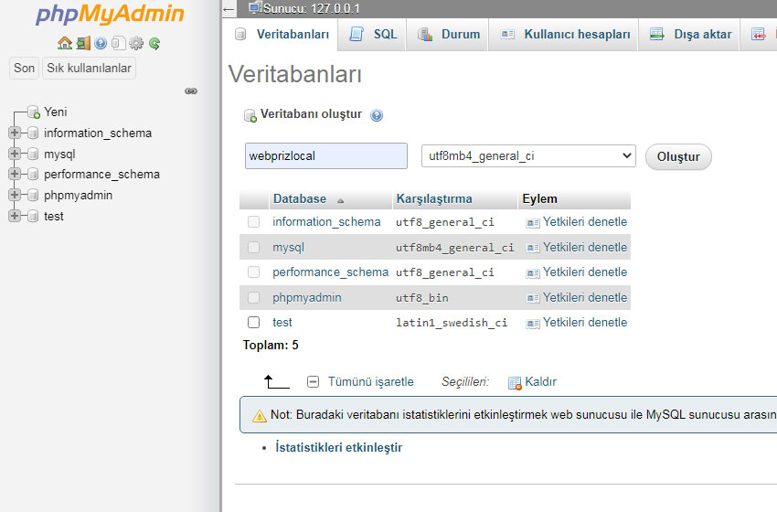 veritabanı oluşturma
